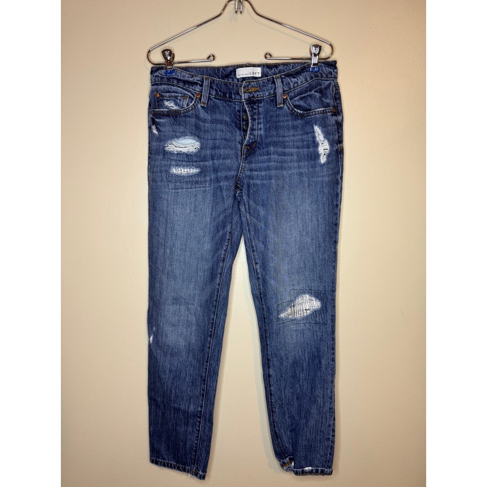 LOFT Distressed Boyfriend Jeans Medium Wash‎ Button Fly Stitched Patches Size 26